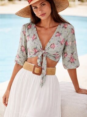 Reformation Mint Floral Tie-Front Blouse sz 4